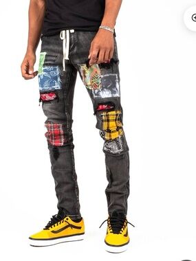 THRT Men's Washed Black Distressed Patchwork Skinny Jeans 30x30